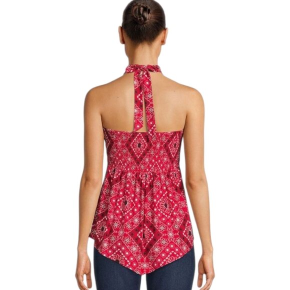 Juniors XL No Boundaries Red Crochet Trim Halter Top with Hanky Hem Smocked Back - Picture 2 of 12